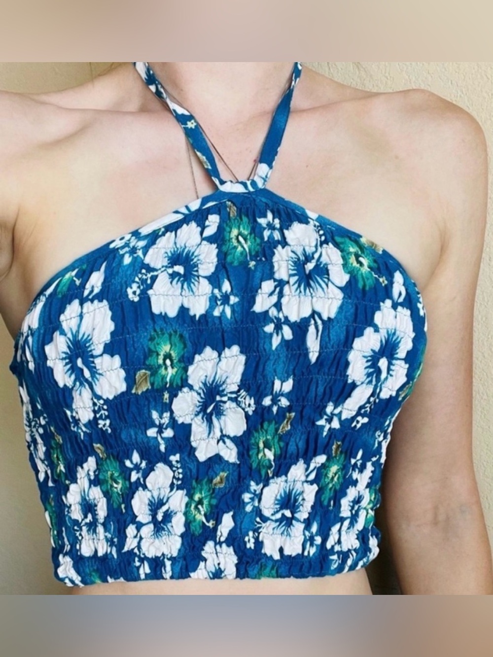 Vintage Blue White Smocked Floral Halter Tank Crop Top S